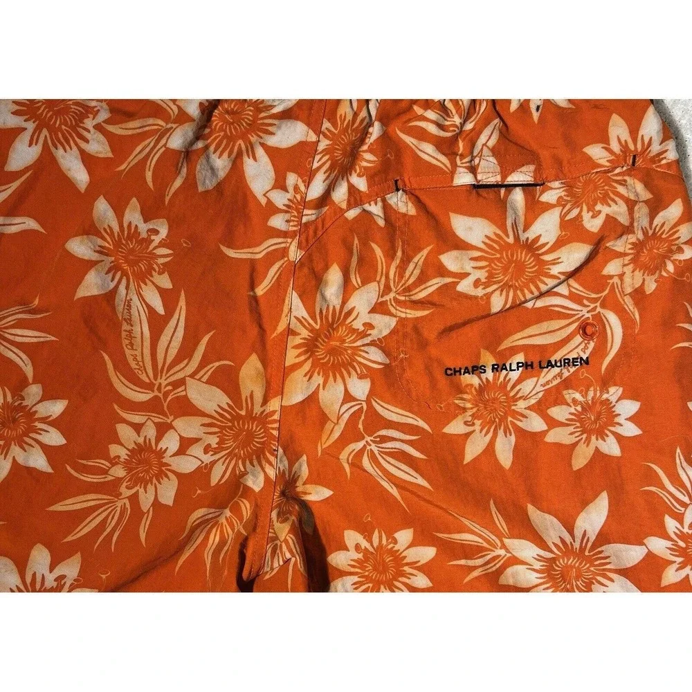 Vintage Chaps Swim Trunks Men L Orange Floral Surf Board Shorts Y2K Beachwear‎
